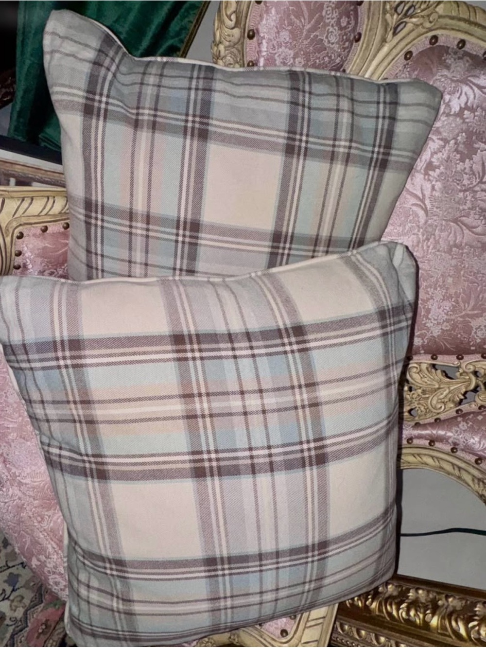Ethan Allen Plaid Throw Pillows in Pastel Blue and Tan